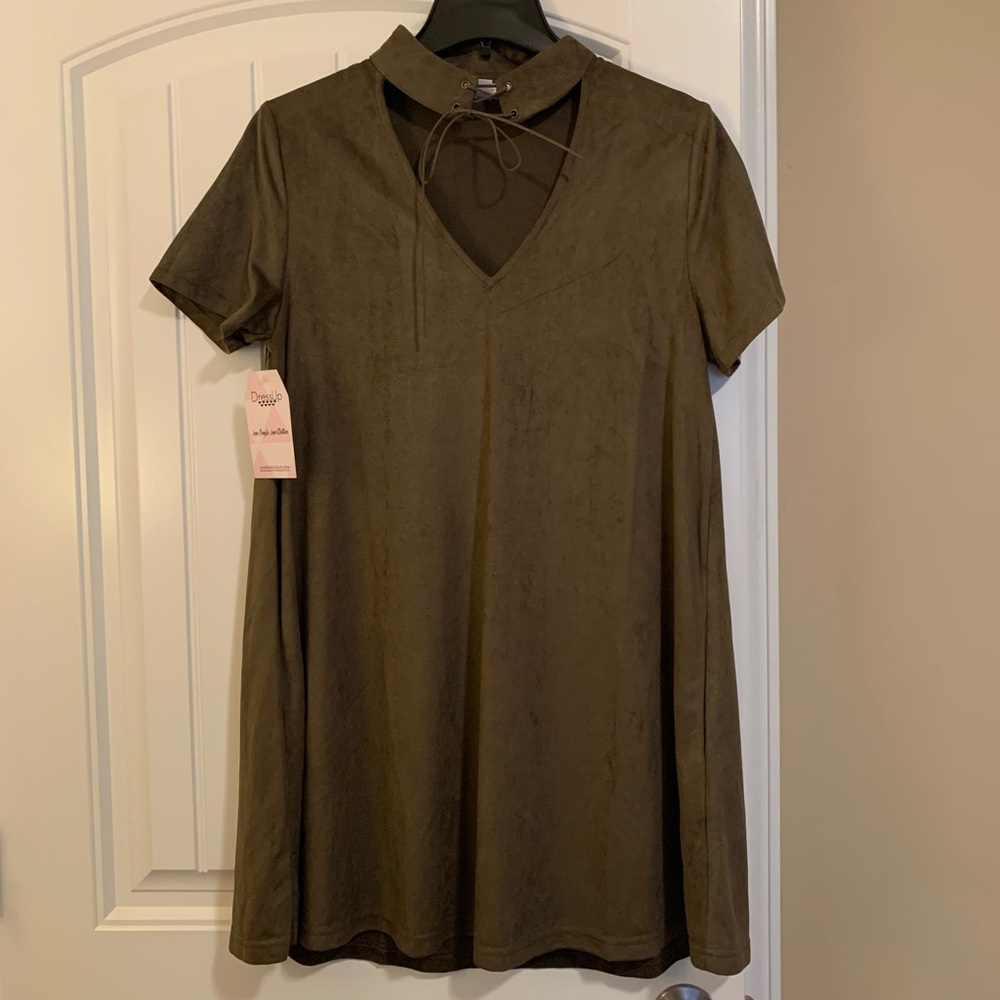 short sleeve suede olive dress
